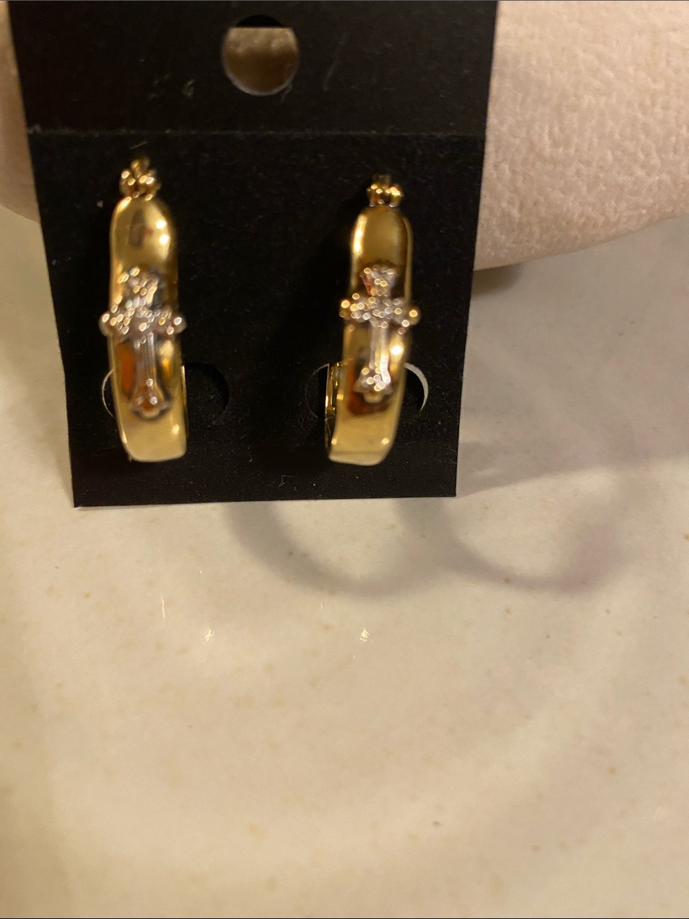 Gold plate Believe Hoop Earrings with Raised Cross design & Diamond Accents